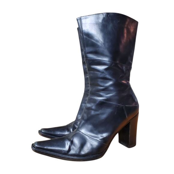 Via Spiga Y2k Black Leather Square Toe Block Heel Calf Boot - 8.5 - Picture 1 of 7